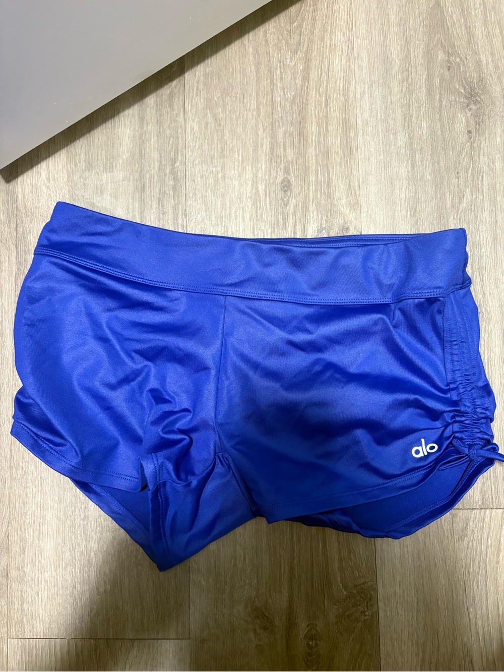 ALO Yoga Cobalt Blue Athletic Shorts with Side Ruched Detail